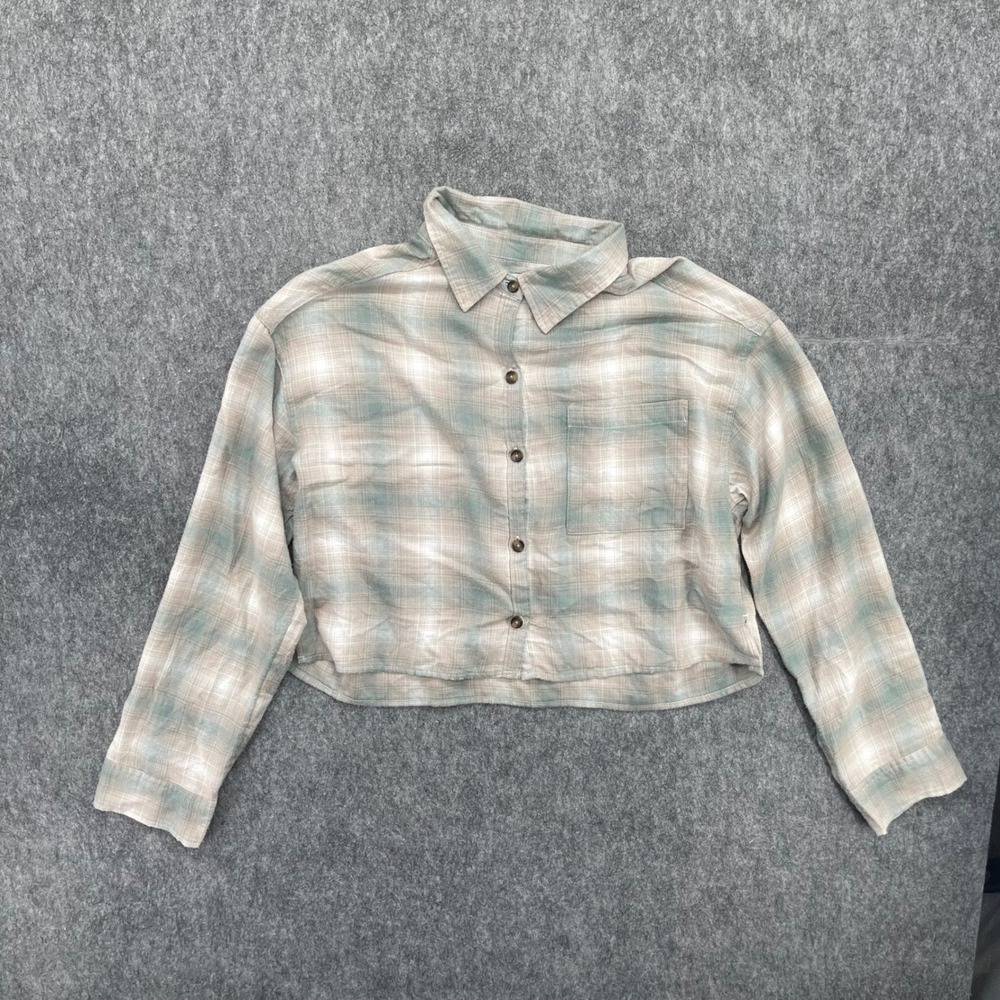 Hollister Flannel Shirt  Womens Small Cropped Plaid Green Button Up